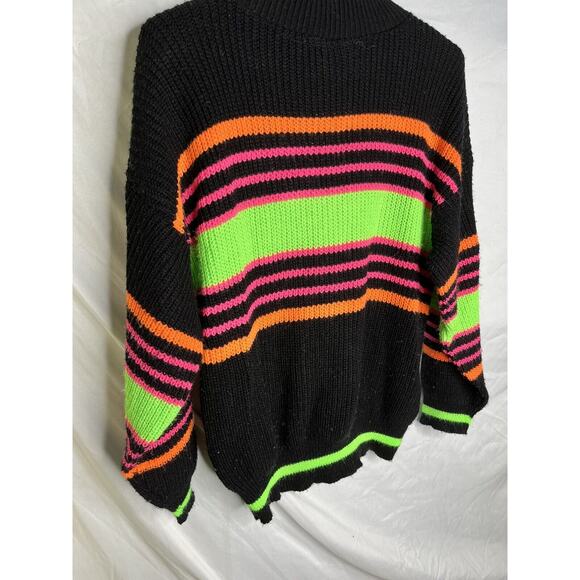 Adele Knitwear Sweater Pullover Black Neon Stripes Size M Acrylic Vintage 1990s - Picture 2 of 5